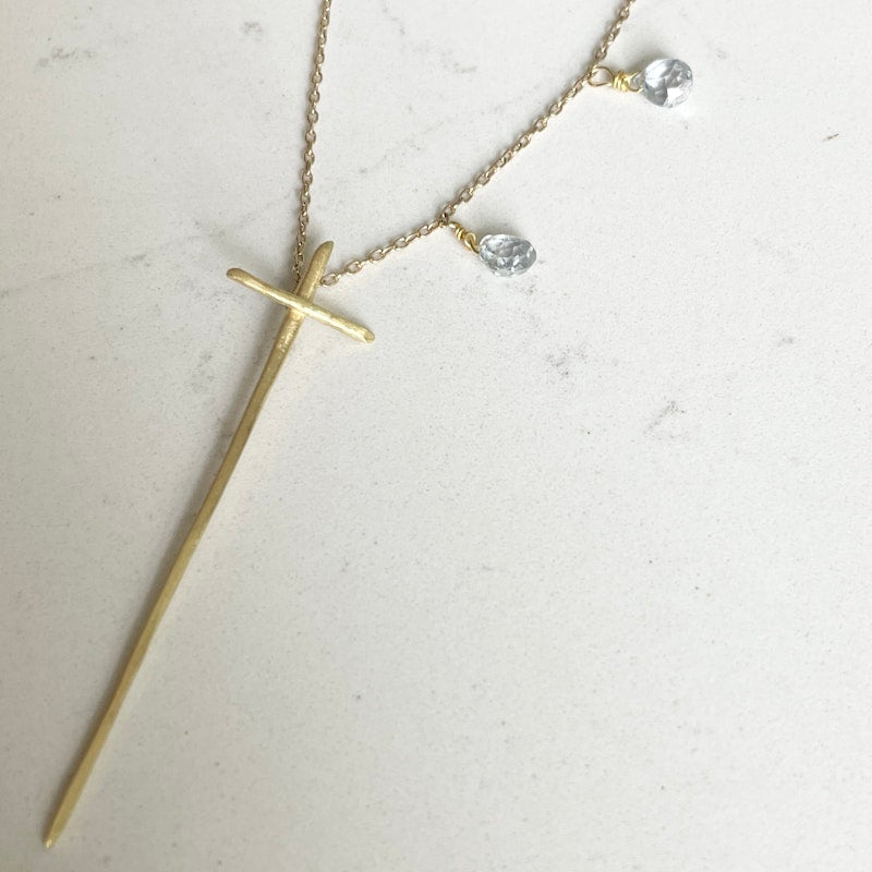 18k Yellow Gold and Aquamarine Thorn Cross Necklace
