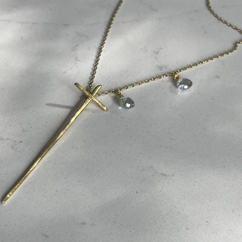18k Yellow Gold and Aquamarine Thorn Cross Necklace