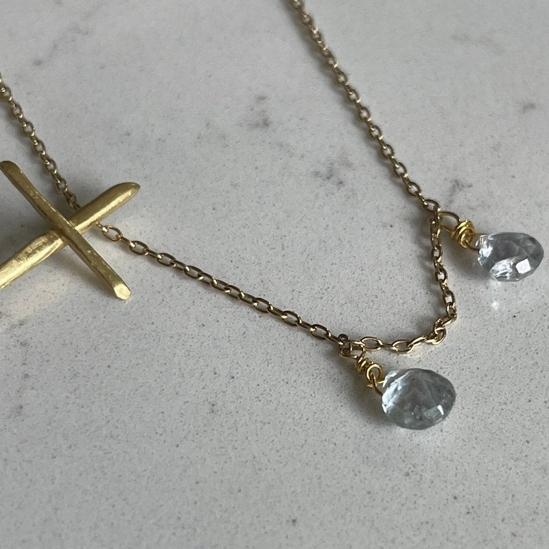 18k Yellow Gold and Aquamarine Thorn Cross Necklace