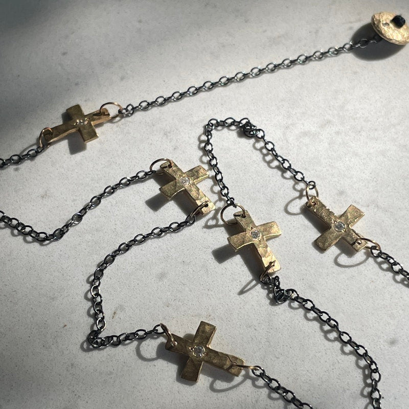 14k Rose Gold Diamond Cross & Oxidized Silver Chain Necklace
