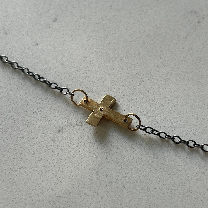 14k Rose Gold Diamond Cross & Oxidized Silver Chain Necklace