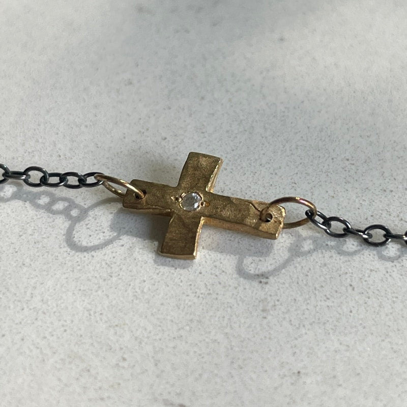 14k Rose Gold Diamond Cross & Oxidized Silver Chain Necklace