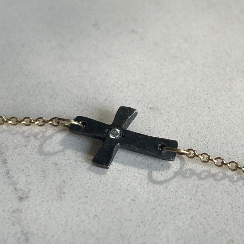 14k Rose Gold Chain Necklace & Oxidized Silver Diamond Cross