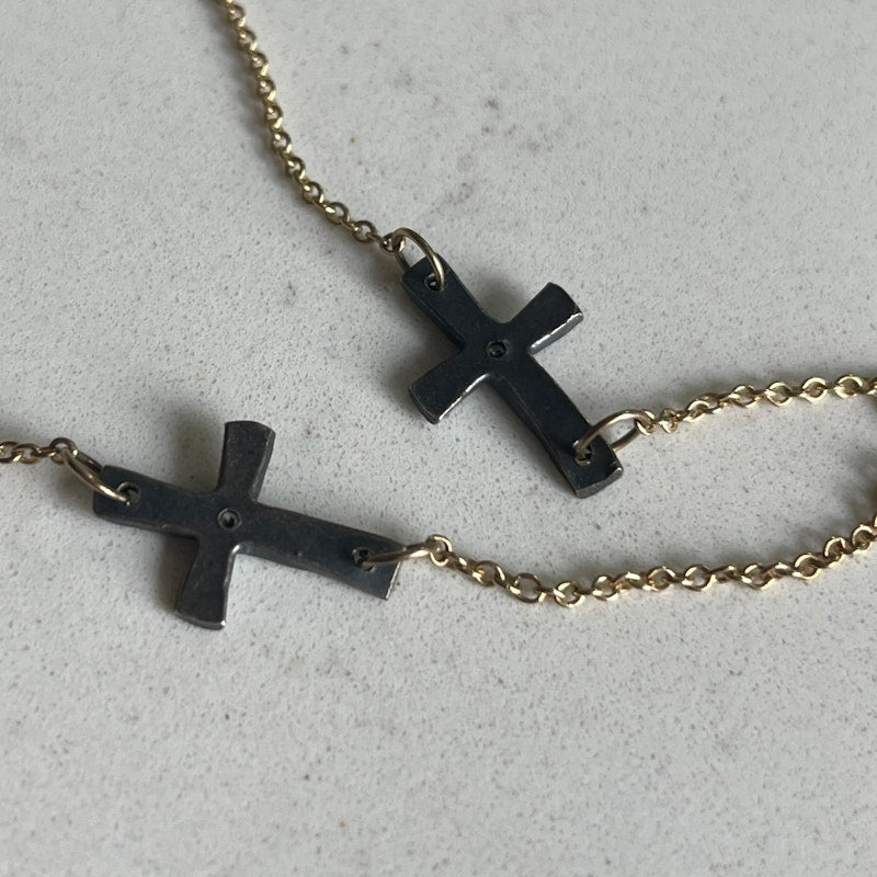 14k Rose Gold Chain Necklace & Oxidized Silver Diamond Cross