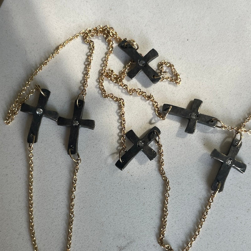 14k Rose Gold Chain Necklace & Oxidized Silver Diamond Cross