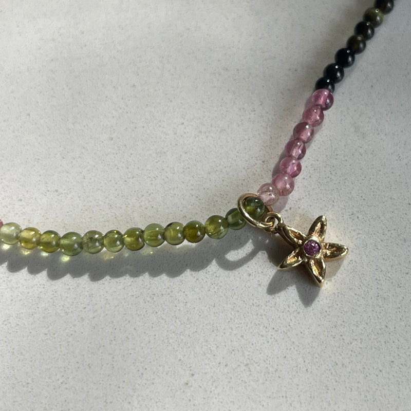 Multi Color Beaded Tourmaline Flower Charm Necklace