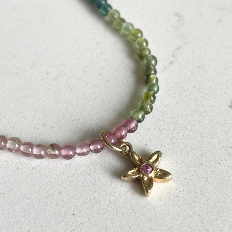Multi Color Beaded Tourmaline Flower Charm Necklace
