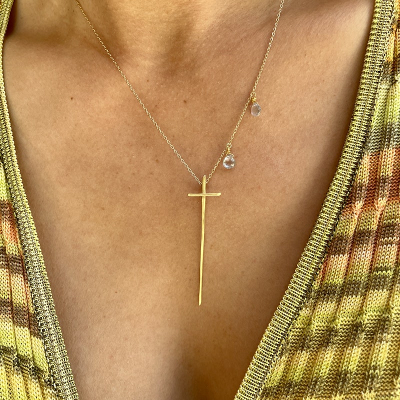 18k Yellow Gold and Aquamarine Thorn Cross Necklace