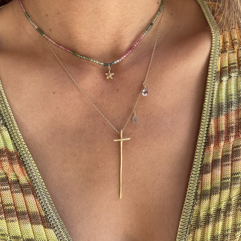 18k Yellow Gold and Aquamarine Thorn Cross Necklace