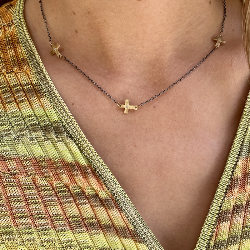 14k Rose Gold Diamond Cross & Oxidized Silver Chain Necklace