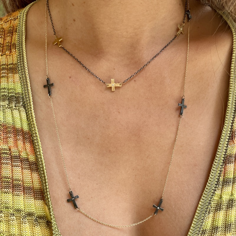 14k Rose Gold Chain Necklace & Oxidized Silver Diamond Cross