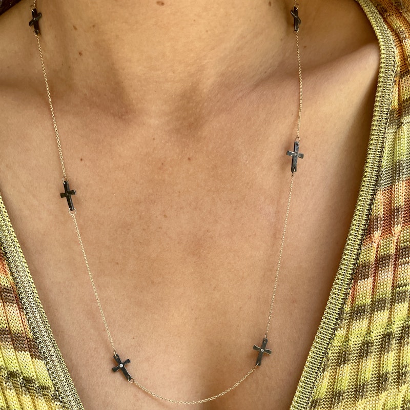 14k Rose Gold Chain Necklace & Oxidized Silver Diamond Cross