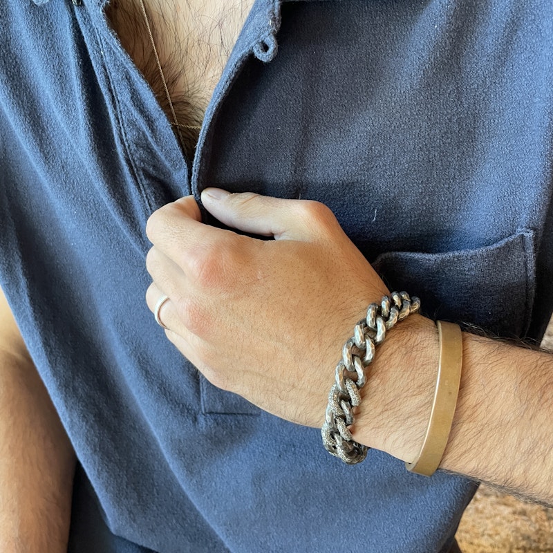 Hammered Sterling Silver and Diamond Cuban Chain Bracelet