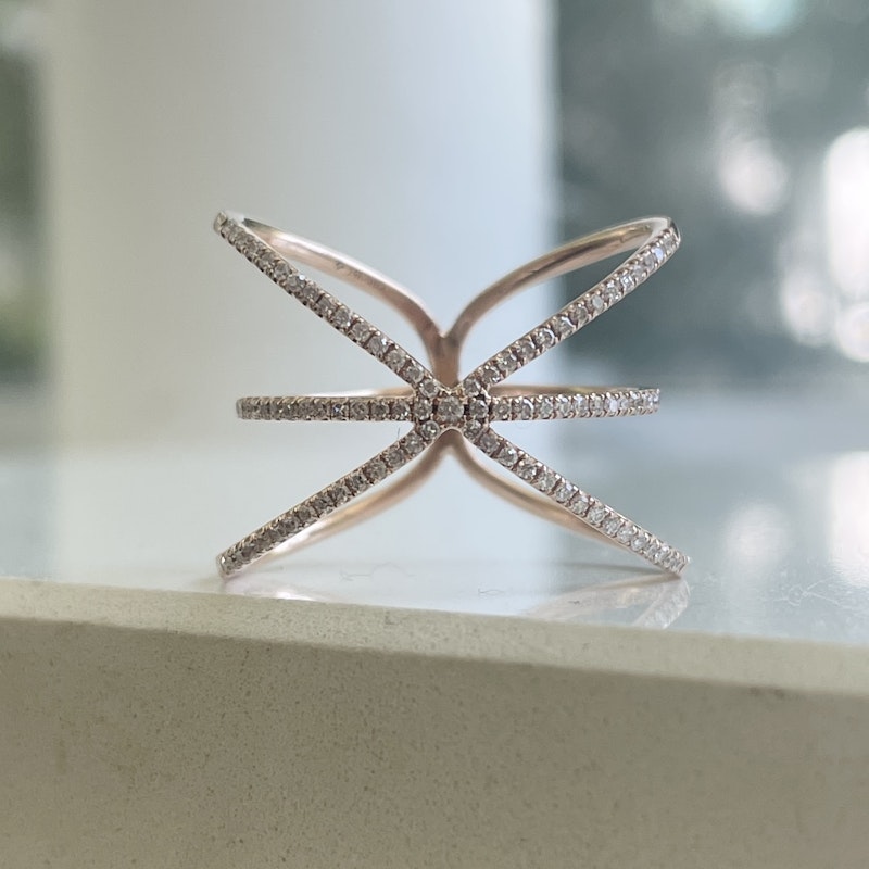 14k Rose Gold Diamond Crossover X Ring