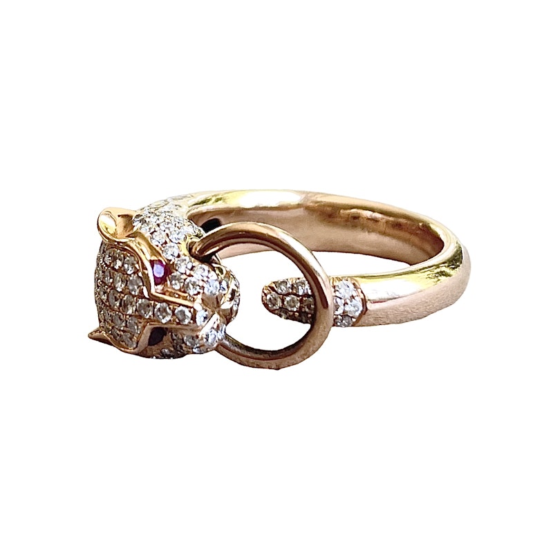 18k Rose Gold Diamond and Ruby Eye Panther Ring