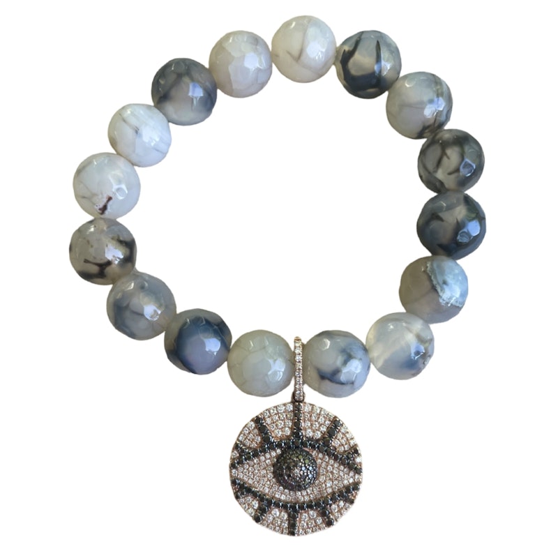 14k Diamond Evil Eye Charm and Beaded Tiger Eye Bracelet