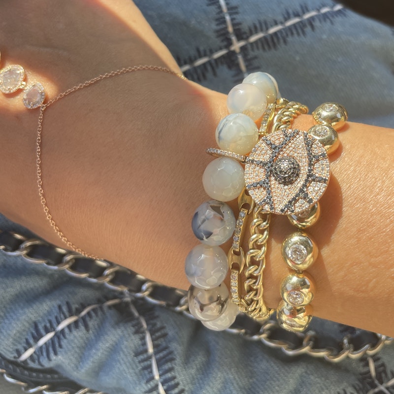 14k Diamond Evil Eye Charm and Beaded Tiger Eye Bracelet