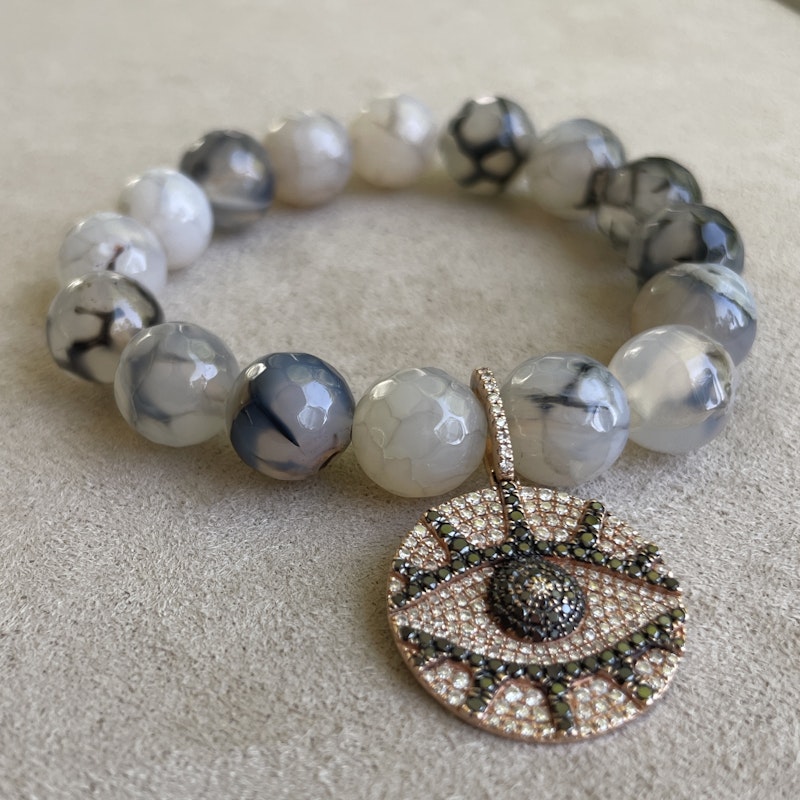 14k Diamond Evil Eye Charm and Beaded Tiger Eye Bracelet