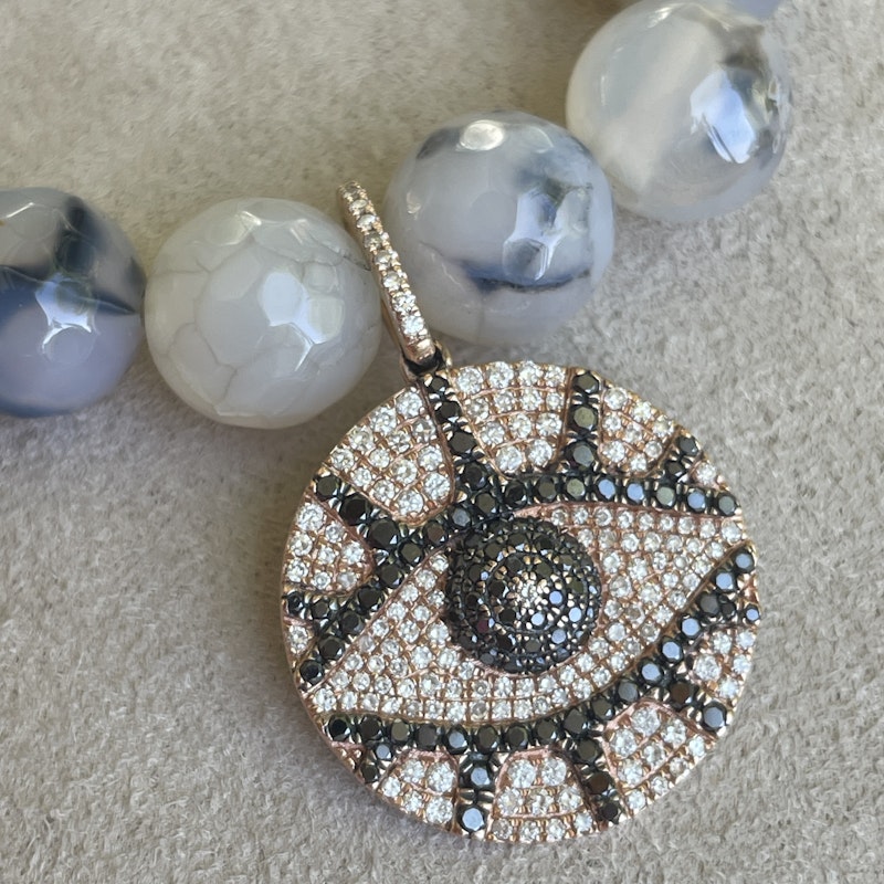 14k Diamond Evil Eye Charm and Beaded Tiger Eye Bracelet