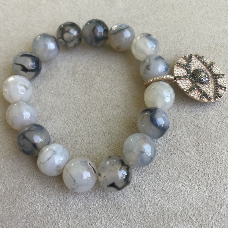 14k Diamond Evil Eye Charm and Beaded Tiger Eye Bracelet