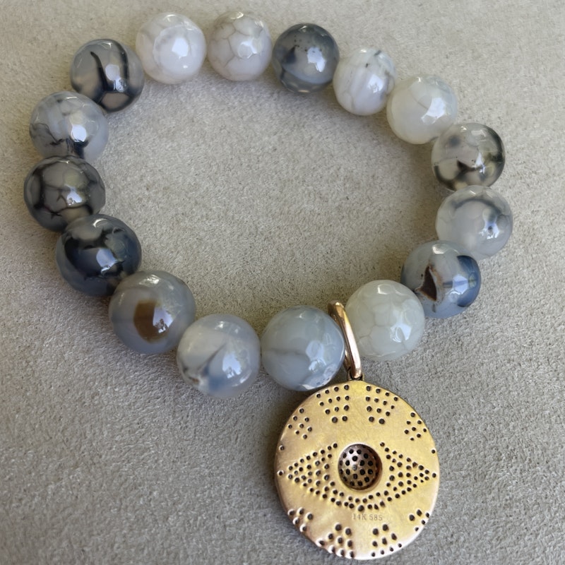 14k Diamond Evil Eye Charm and Beaded Tiger Eye Bracelet