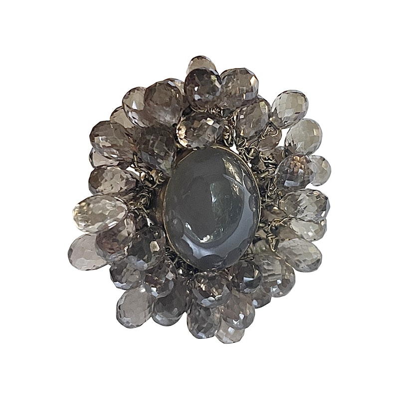 Labradorite Cabochon and Smokey Quartz 18k Yellow Gold Shaker Ring