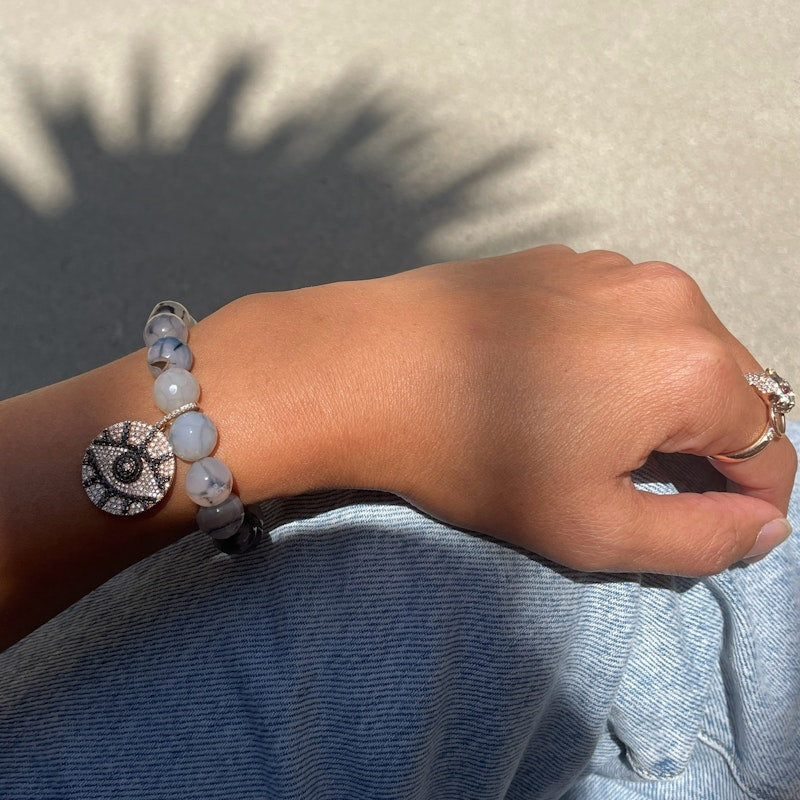 14k Diamond Evil Eye Charm and Beaded Tiger Eye Bracelet