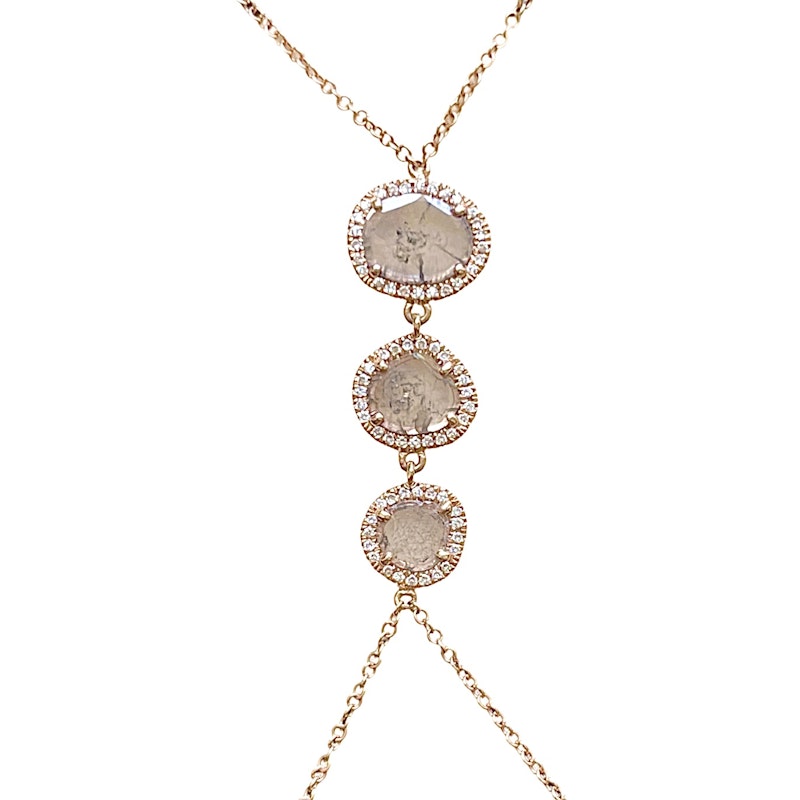 14k Rose Gold Hand Chain with Three Sliced Raw Diamonds