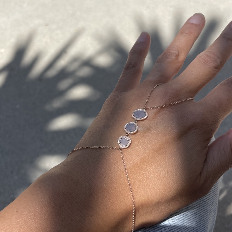 14k Rose Gold Hand Chain with Three Sliced Raw Diamonds
