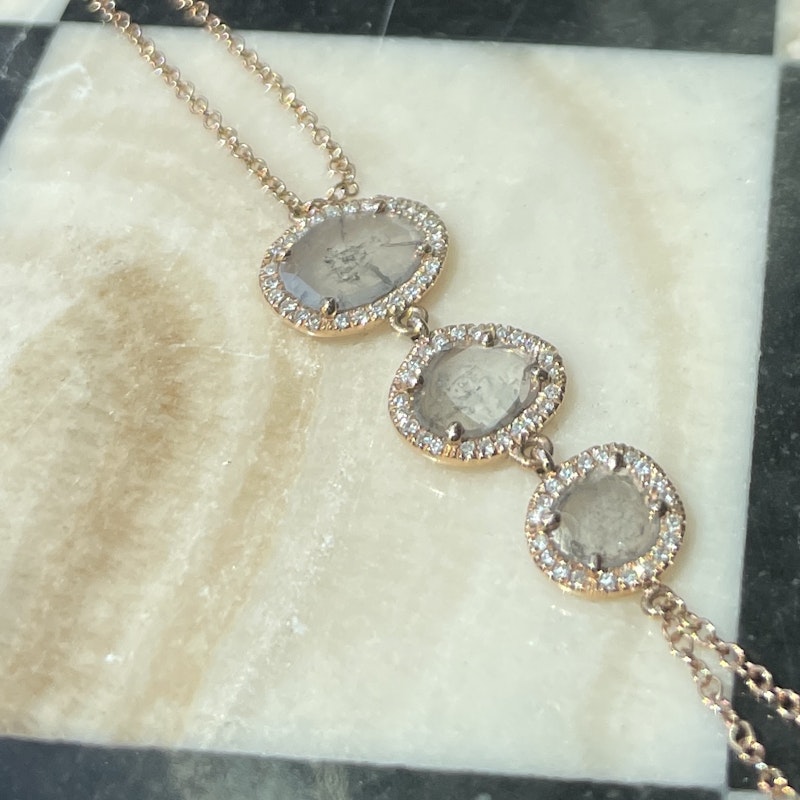 14k Rose Gold Hand Chain with Three Sliced Raw Diamonds
