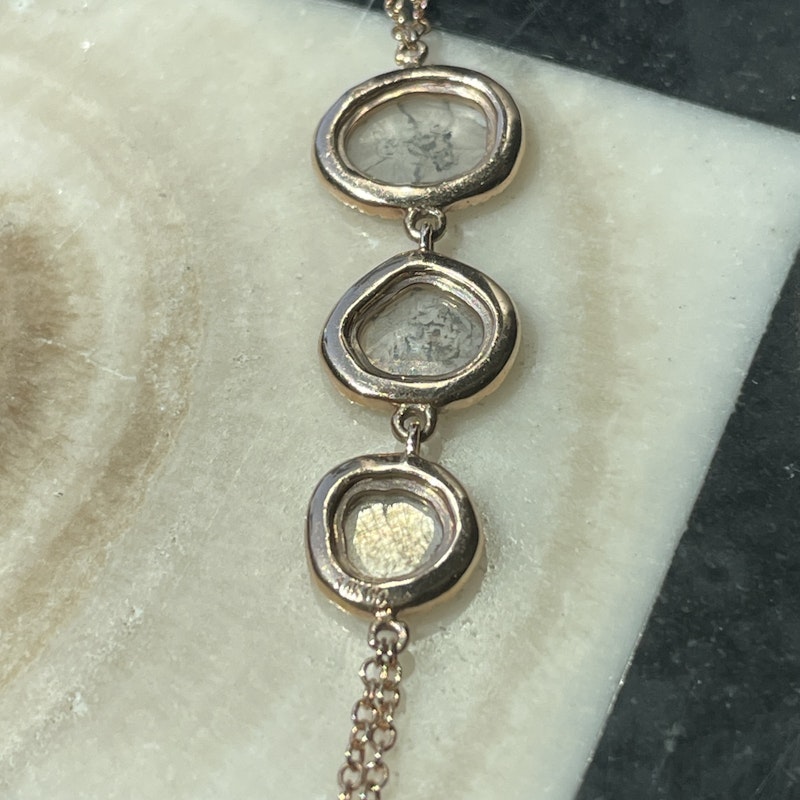 14k Rose Gold Hand Chain with Three Sliced Raw Diamonds