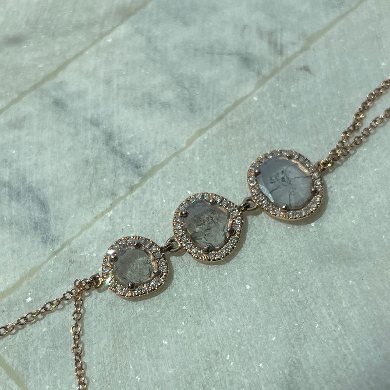 14k Rose Gold Hand Chain with Three Sliced Raw Diamonds