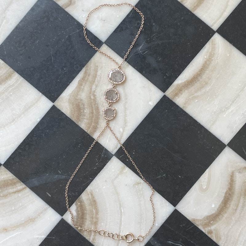 14k Rose Gold Hand Chain with Three Sliced Raw Diamonds