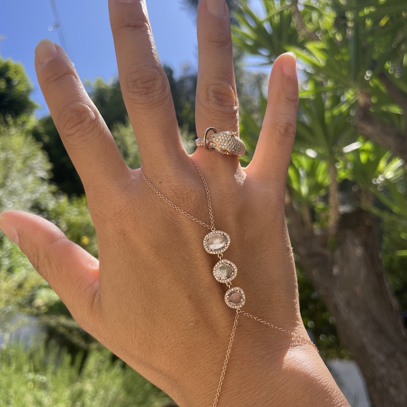 14k Rose Gold Hand Chain with Three Sliced Raw Diamonds