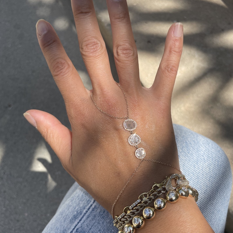 14k Rose Gold Hand Chain with Three Sliced Raw Diamonds