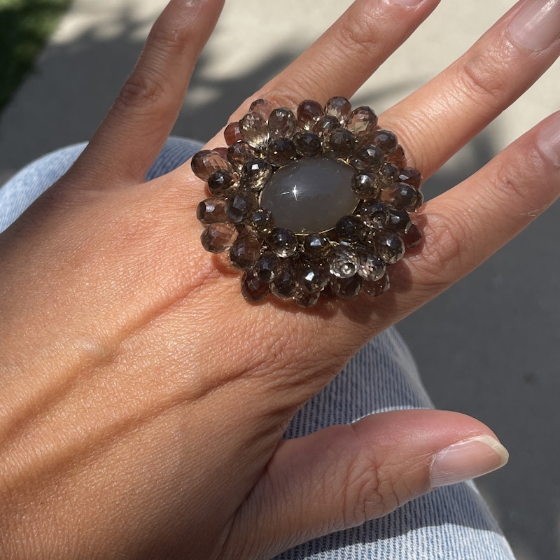 Labradorite Cabochon and Smokey Quartz 18k Yellow Gold Shaker Ring