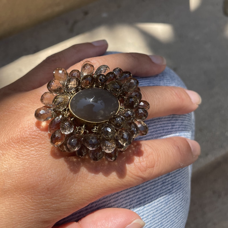 Labradorite Cabochon and Smokey Quartz 18k Yellow Gold Shaker Ring