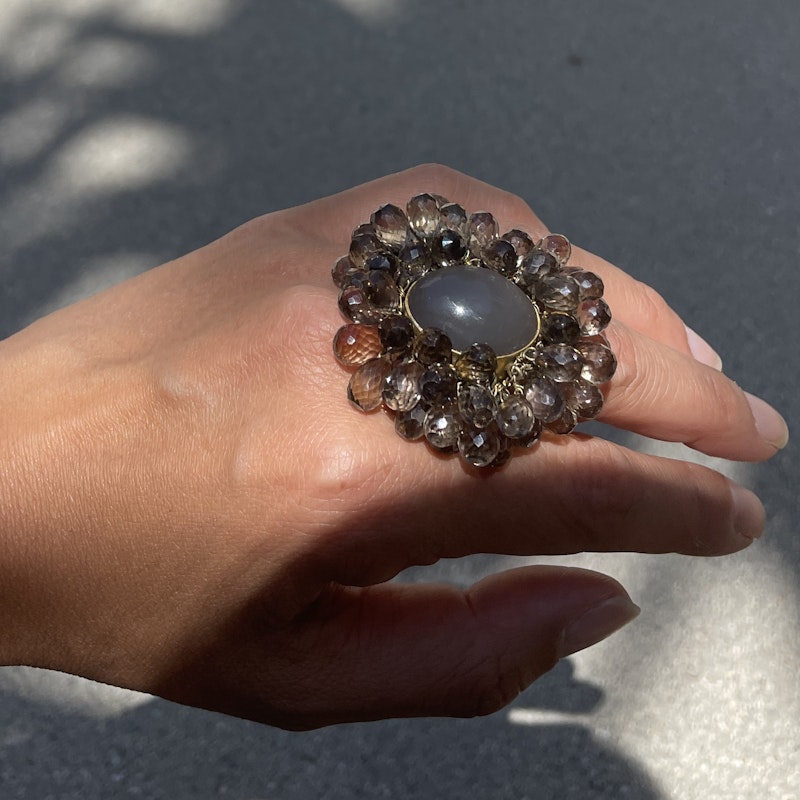 Labradorite Cabochon and Smokey Quartz 18k Yellow Gold Shaker Ring