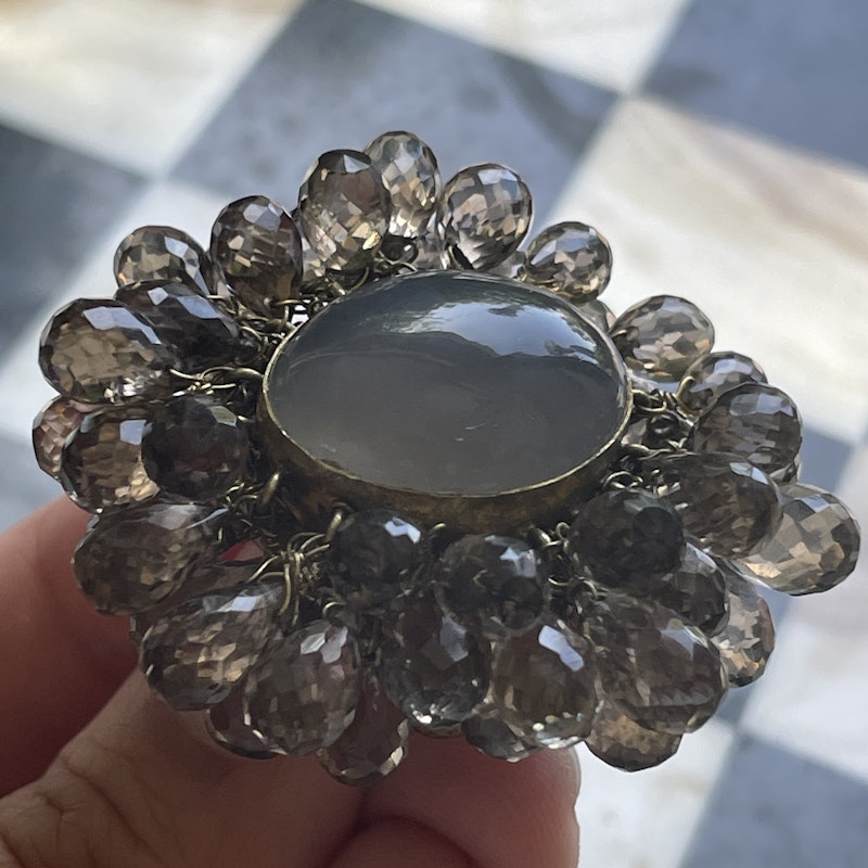 Labradorite Cabochon and Smokey Quartz 18k Yellow Gold Shaker Ring