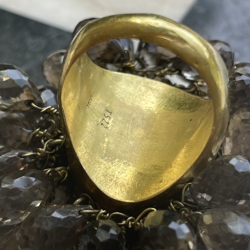 Labradorite Cabochon and Smokey Quartz 18k Yellow Gold Shaker Ring