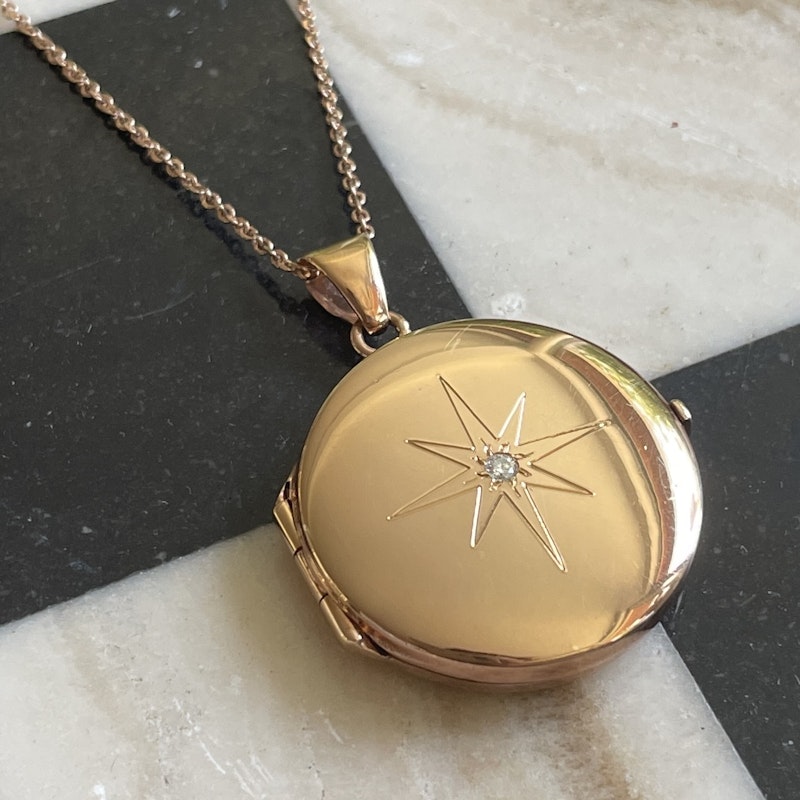 14k Rose Gold Starburst Diamond Locket Pendant Necklace