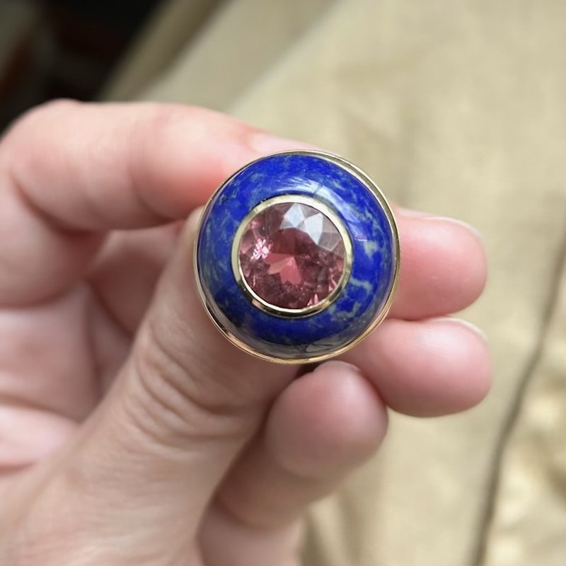 Retrouvai Pink Tourmaline and Lapis Lollipop Ring