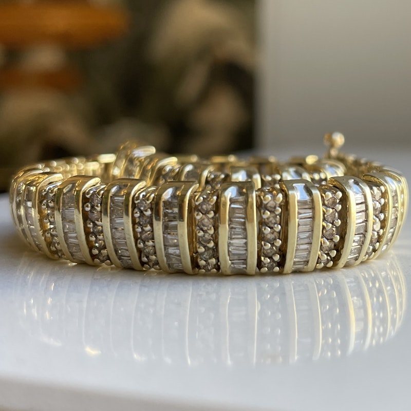 14k Baguette and Round Brilliant Cut Diamond Line Bracelet