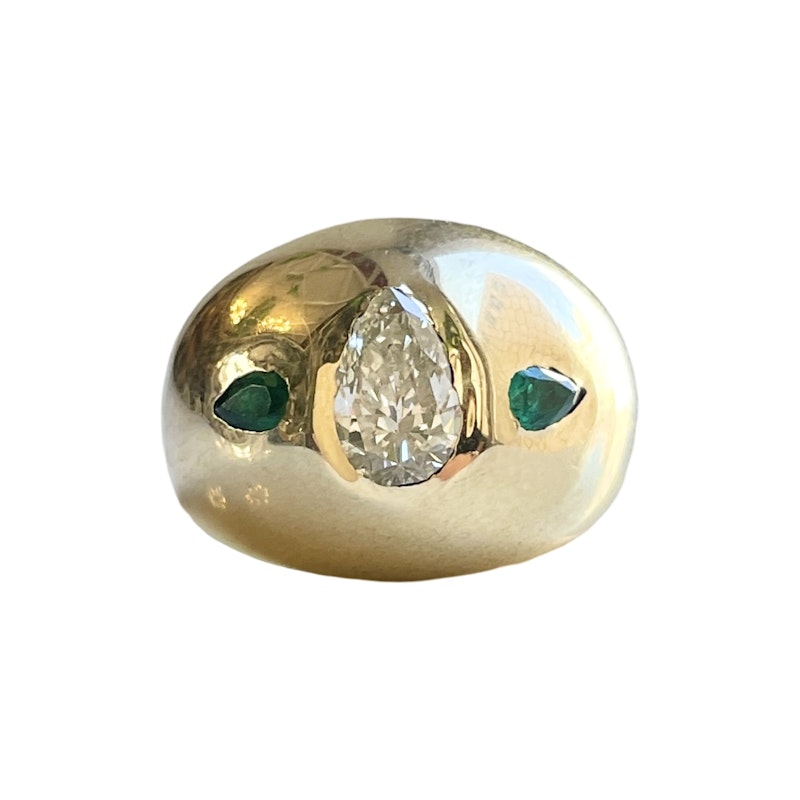 14k Yellow Gold Pear Shaped Diamond+Emerald Dome Ring