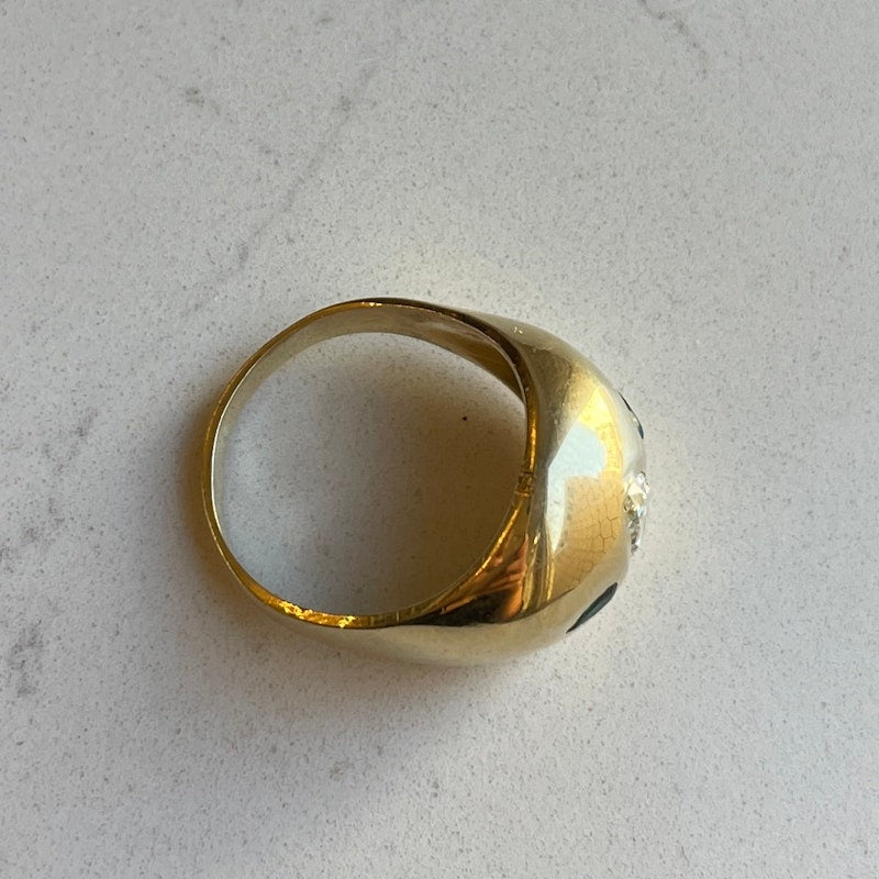 14k Yellow Gold Pear Shaped Diamond+Emerald Dome Ring