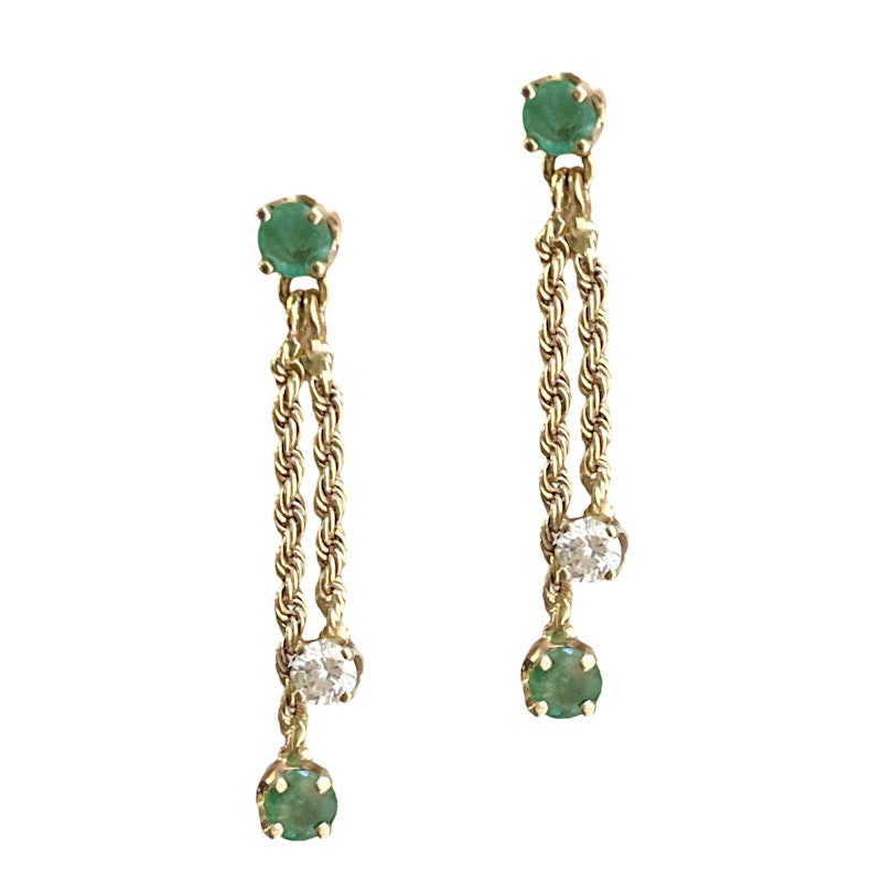 14k Yellow Gold Diamond+Emerald Rope Chain Dangle Earrings