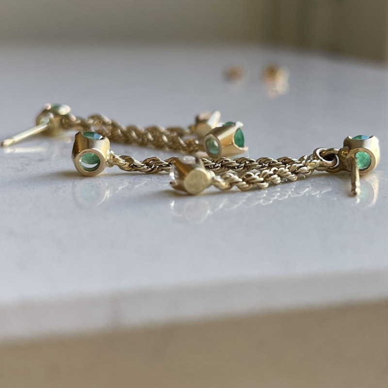 14k Yellow Gold Diamond+Emerald Rope Chain Dangle Earrings