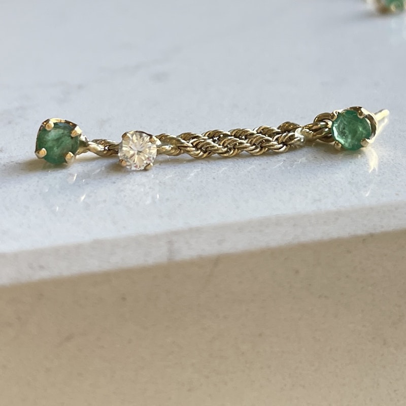 14k Yellow Gold Diamond+Emerald Rope Chain Dangle Earrings