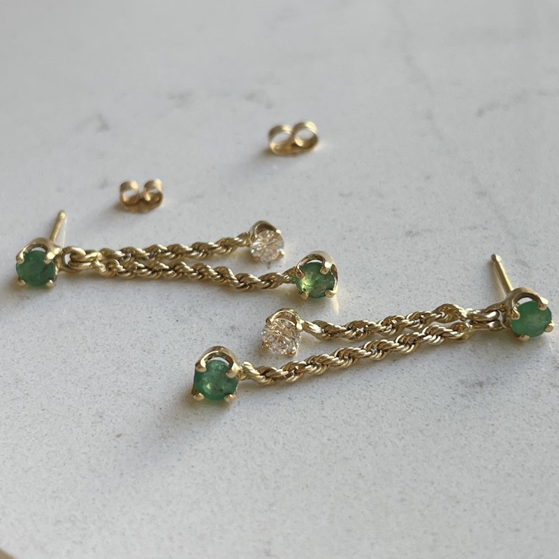 14k Yellow Gold Diamond+Emerald Rope Chain Dangle Earrings