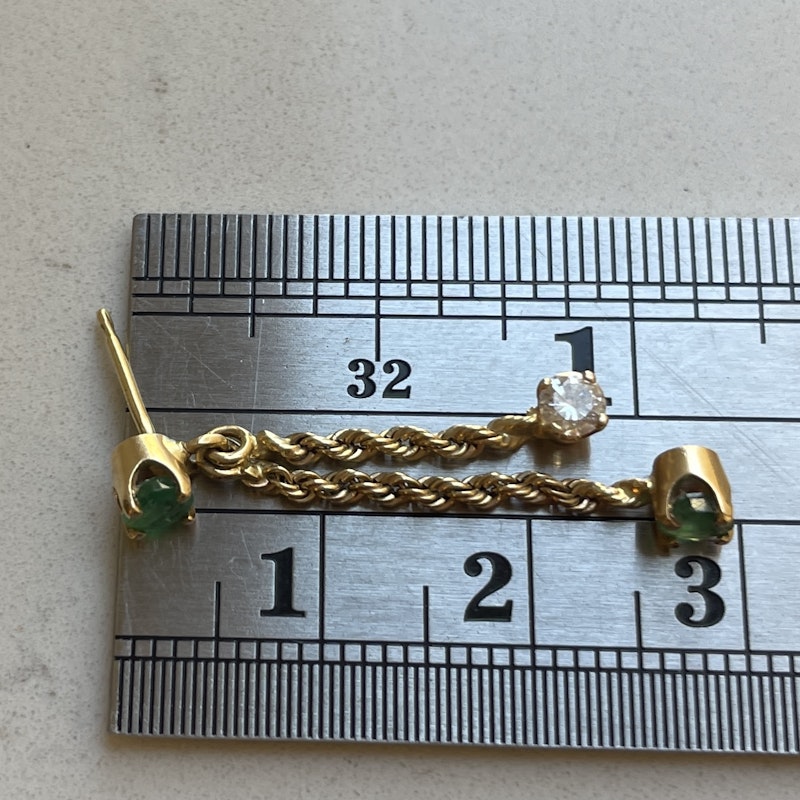 14k Yellow Gold Diamond+Emerald Rope Chain Dangle Earrings